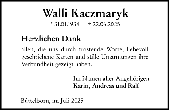 Traueranzeige von Walli Kaczmaryk von Groß-Gerauer Echo