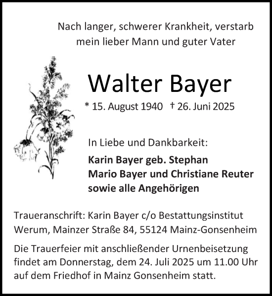 Traueranzeige von Walter Bayer von Allgemeine Zeitung Mainz