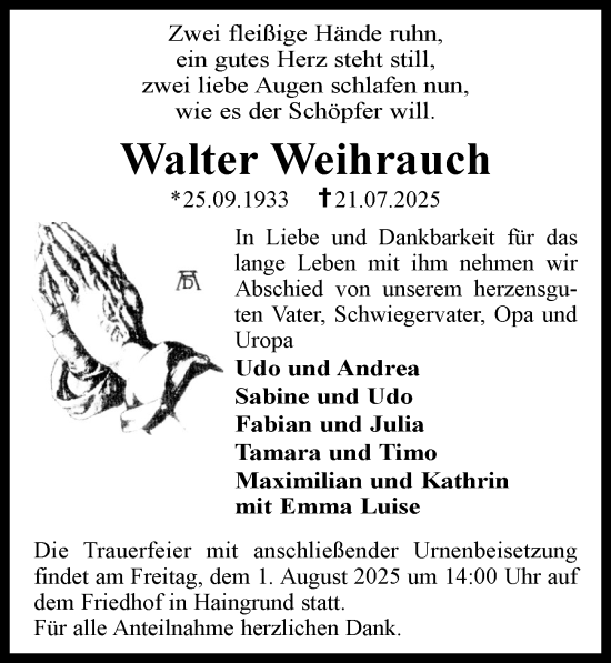 Traueranzeige von Walter Weihrauch von Odenwälder Echo