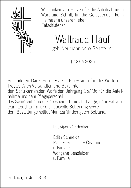 Traueranzeige von Waltraud Hauf von Groß-Gerauer Echo