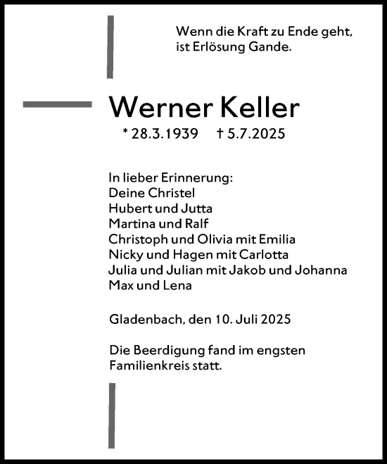 Traueranzeige von Werner Keller von Hinterländer Anzeiger