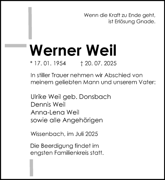 Traueranzeige von Werner Weil von Dill Block
