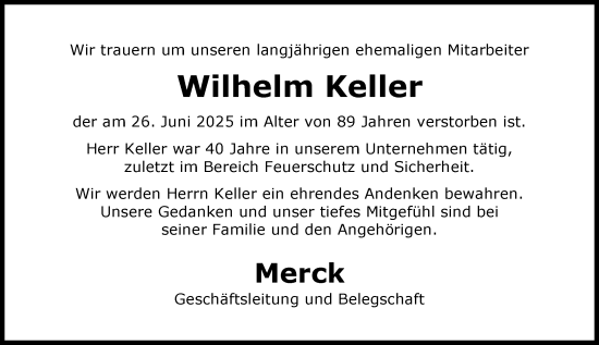 Traueranzeige von Wilhelm Keller von Darmstädter Echo