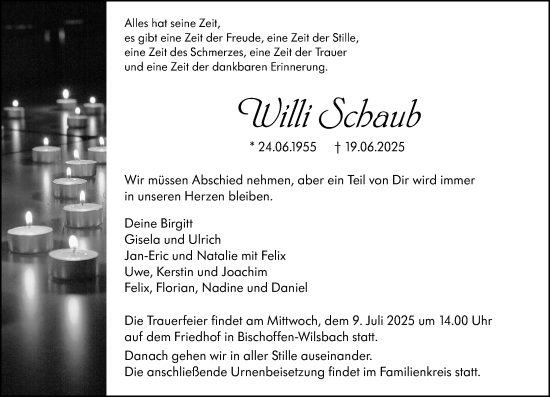 Traueranzeige von Willi Schaub von Wetzlarer Neue Zeitung