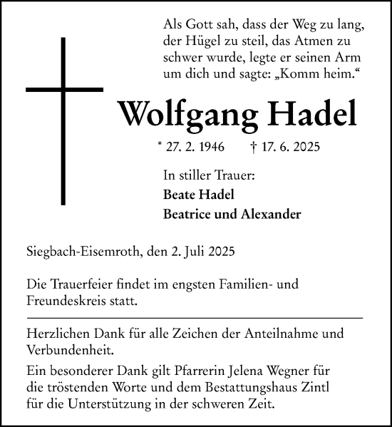Traueranzeige von Wolfgang Hadel von Dill Block