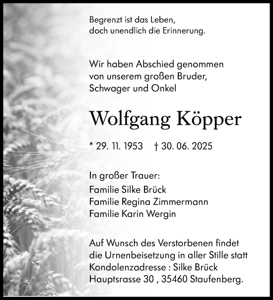 Traueranzeige von Wolfgang Köpper von Wetzlarer Neue Zeitung