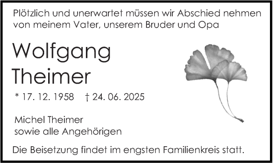 Traueranzeige von Wolfgang Theimer von Dill Block