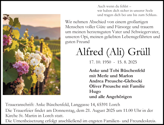 Traueranzeige von Alfred Grüll von Rheingau Kurier