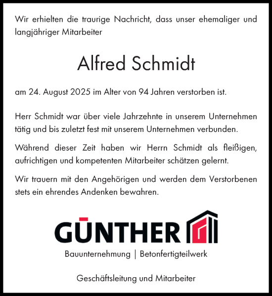 Traueranzeige von Alfred Schmidt von Hinterländer Anzeiger