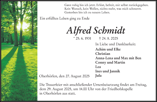 Traueranzeige von Alfred Schmidt von Hinterländer Anzeiger