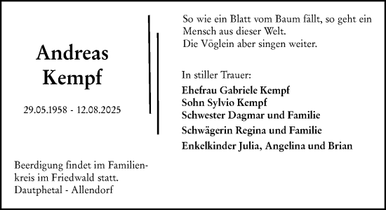 Traueranzeige von Andreas Kempf von Hinterländer Anzeiger