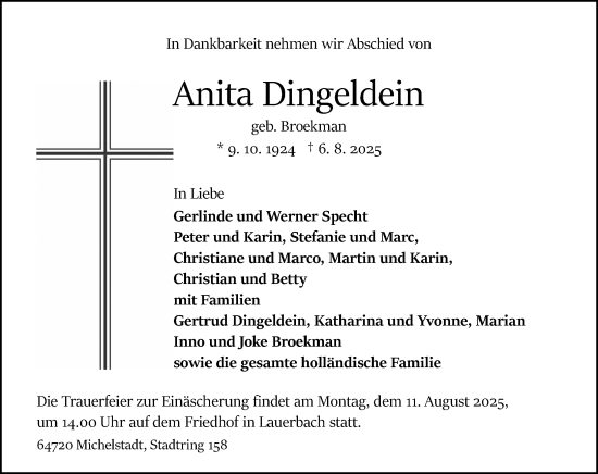 Traueranzeige von Anita Dingeldein von Odenwälder Echo