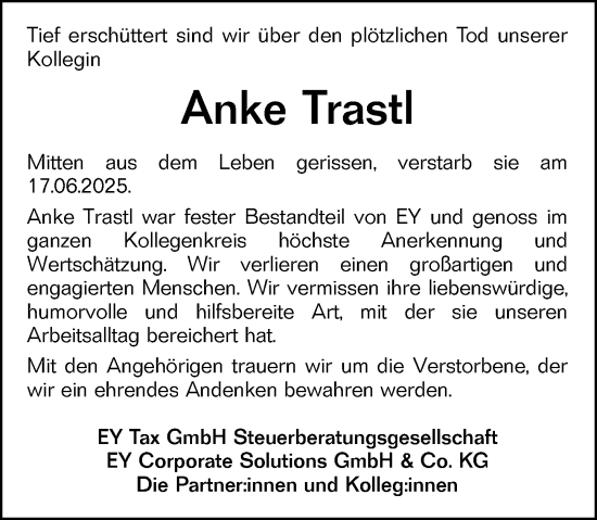 Traueranzeige von Anke Trastl von Darmstädter Echo