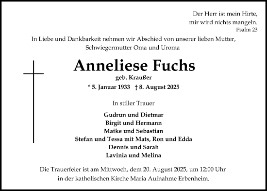Traueranzeige von Anneliese Fuchs von Wiesbadener Kurier
