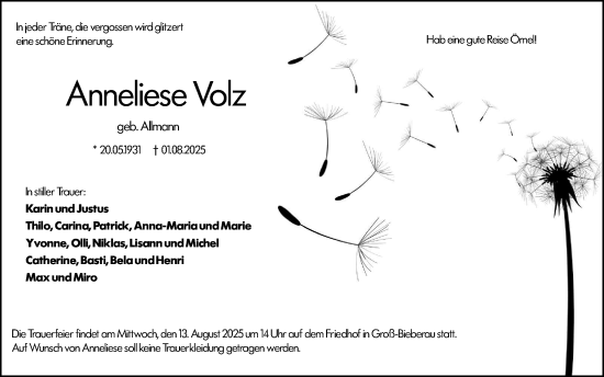 Traueranzeige von Anneliese Volz von Darmstädter Echo