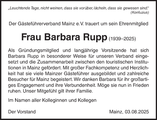 Traueranzeige von Barbara Rupp von Allgemeine Zeitung Mainz