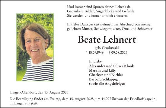 Traueranzeige von Beate Lehnert von Dill Block
