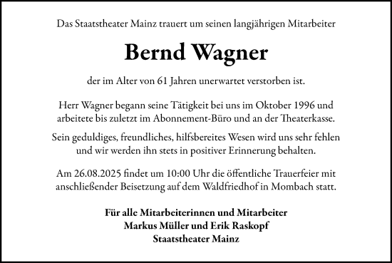 Traueranzeige von Bernd Wagner von Allgemeine Zeitung Mainz