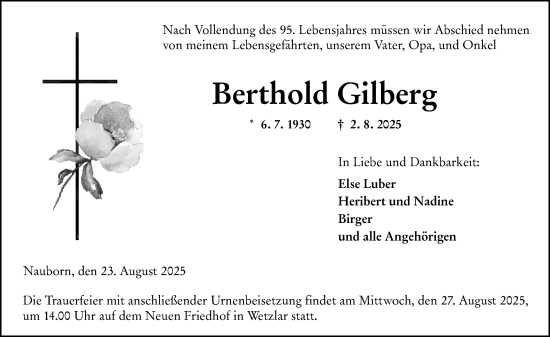 Traueranzeige von Berthold Gilberg von Wetzlarer Neue Zeitung