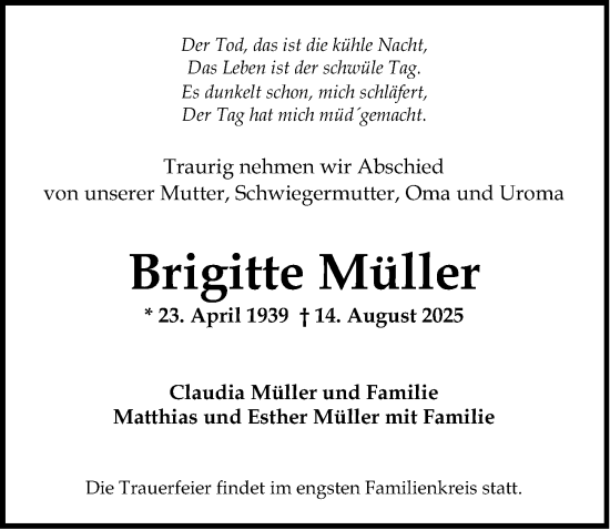 Traueranzeige von Brigitte Müller von Wiesbadener Kurier
