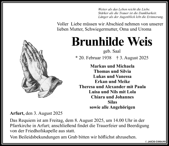 Traueranzeige von Brunhilde Weis von Nassauische Neue Presse
