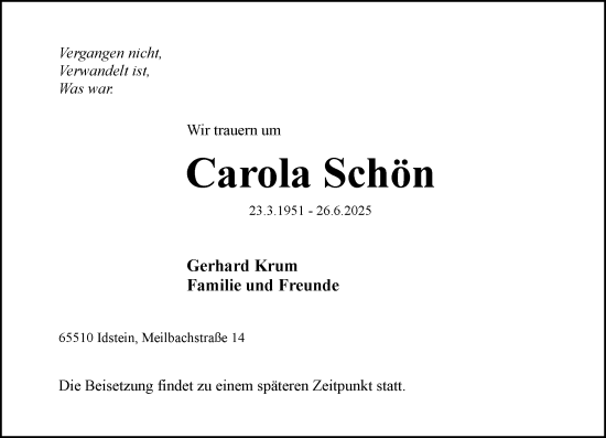 Traueranzeige von Carola Schön von Wiesbadener Kurier