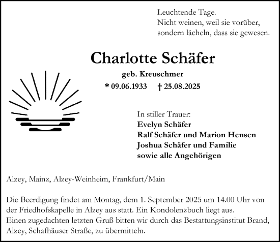 Traueranzeige von Charlotte Schäfer von Allgemeine Zeitung Alzey