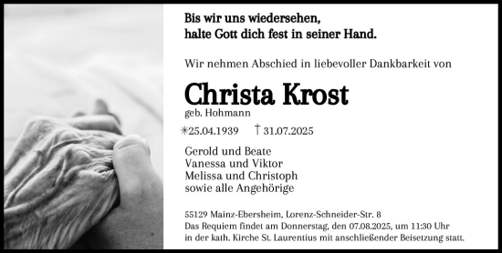 Traueranzeige von Christa Krost von Allgemeine Zeitung Mainz