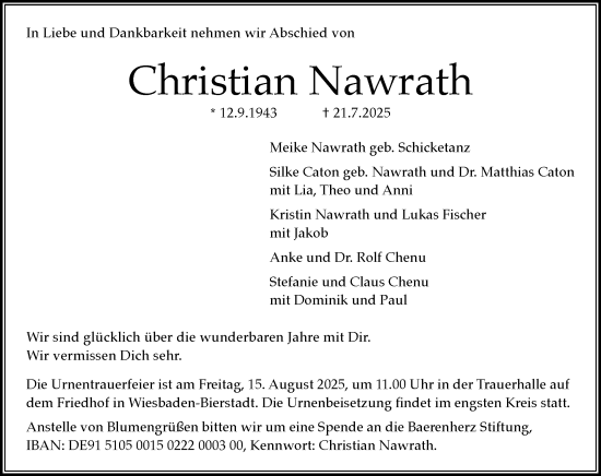 Traueranzeige von Christian Nawrath von Wiesbadener Kurier