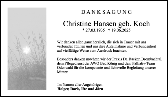 Traueranzeige von Christine Hansen von Odenwälder Echo