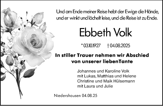 Traueranzeige von Ebbeth Volk von Weilburger Tageblatt