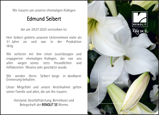 Traueranzeige von Edmund Seibert von Wormser Zeitung