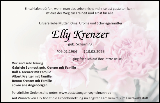 Traueranzeige von Elly Krenzer von Allgemeine Zeitung Mainz