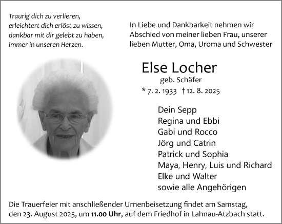 Traueranzeige von Else Locher von Wetzlarer Neue Zeitung