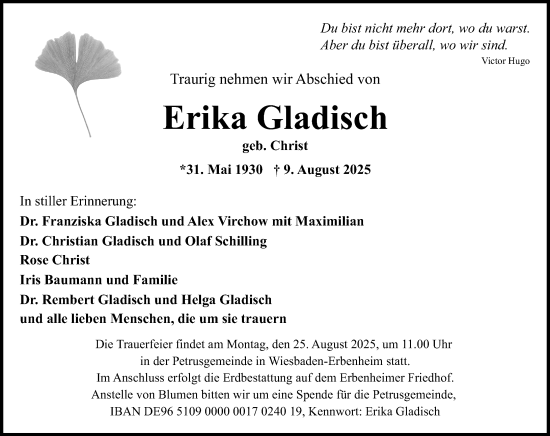 Traueranzeige von Erika Gladisch von Wiesbadener Kurier