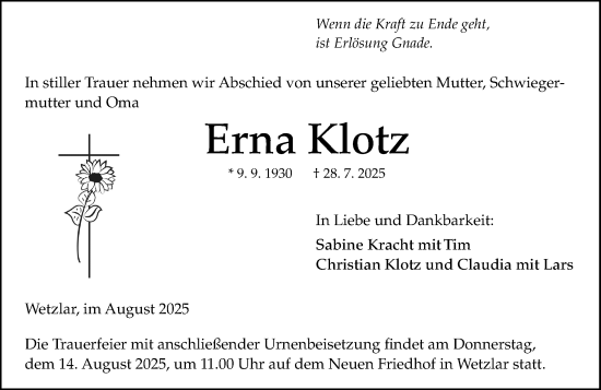Traueranzeige von Erna Klotz von Wetzlarer Neue Zeitung