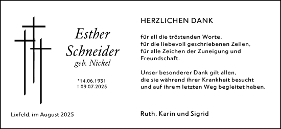 Traueranzeige von Esther Schneider von Hinterländer Anzeiger