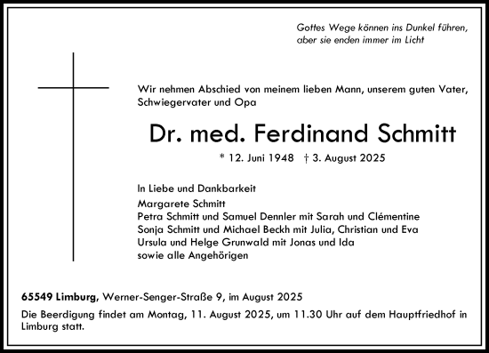 Traueranzeige von Ferdinand Schmitt von Nassauische Neue Presse