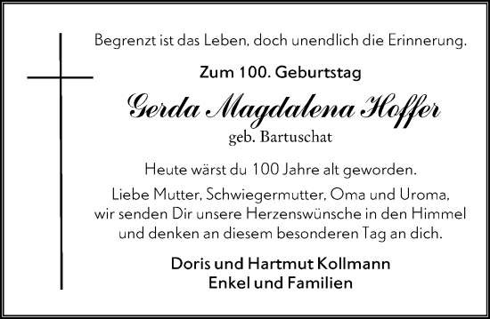 Traueranzeige von Gerda Magdalena Hoffer von Allgemeine Zeitung Mainz