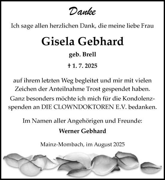 Traueranzeige von Gisela Gebhard von Allgemeine Zeitung Mainz