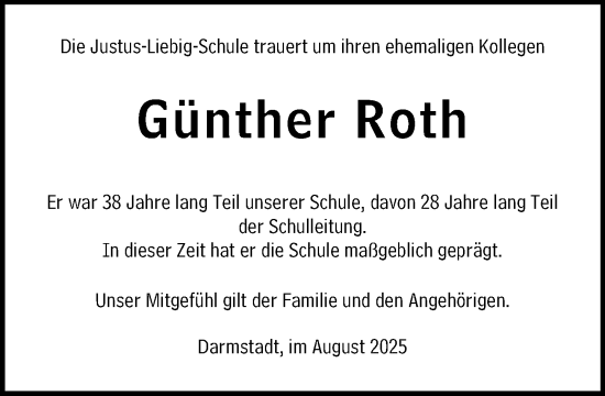 Traueranzeige von Günther Roth von Darmstädter Echo