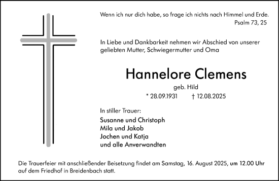 Traueranzeige von Hannelore Clemens von Hinterländer Anzeiger