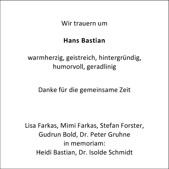 Traueranzeige von Hans Bastian von Wiesbadener Kurier