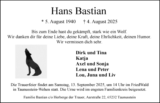 Traueranzeige von Hans Bastian von Wiesbadener Kurier