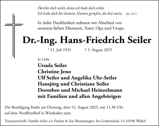 Traueranzeige von Hans-Friedrich Seiler von Wiesbadener Kurier
