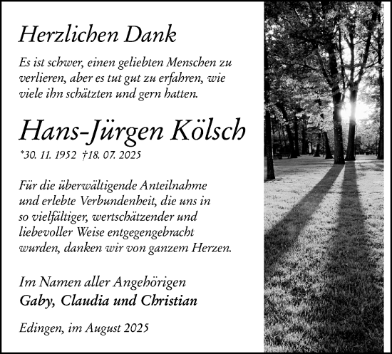 Traueranzeige von Hans-Jürgen Kölsch von Dill Block