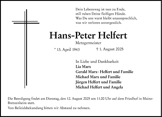 Traueranzeige von Hans-Peter Helfert von Allgemeine Zeitung Mainz