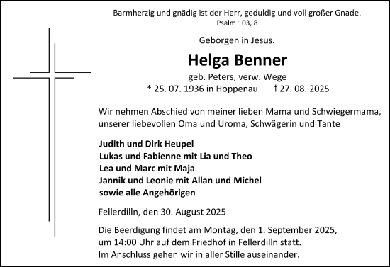 Traueranzeige von Helga Benner von Dill Block