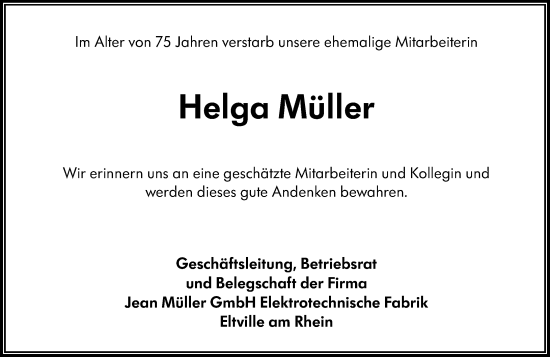 Traueranzeige von Helga Müller von Rheingau Kurier