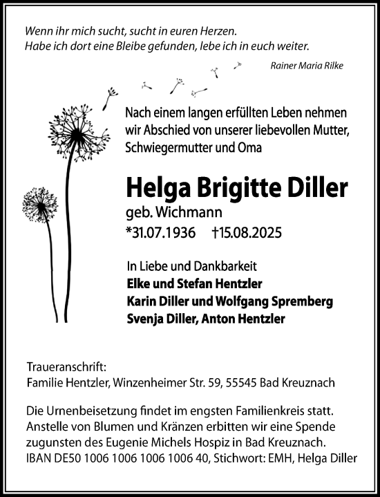 Traueranzeige von Helga Brigitte Diller von Idsteiner Land/Untertaunus